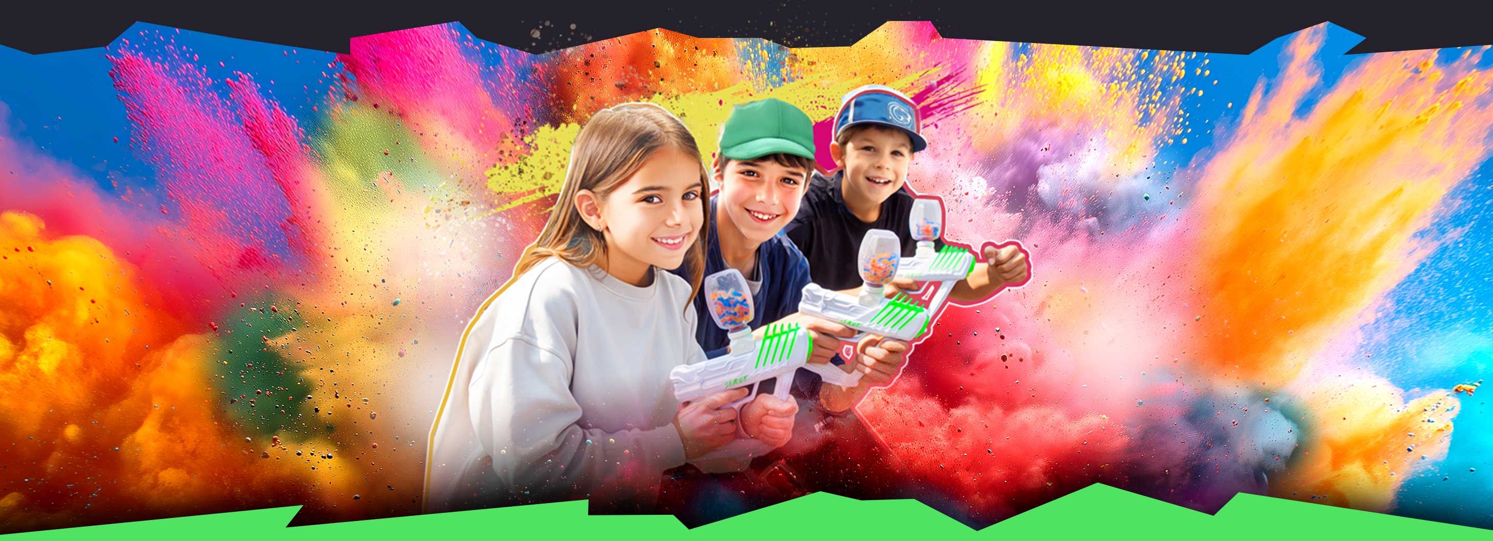 Eine Gruppe glücklicher Gäste von action-parks.de Gelblaster